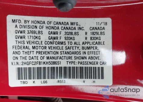 2019 Honda Civic Sport z USA, uszkodzony, nr VIN 2HGFC2F81KH508651